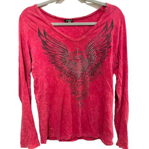 Cotty On Tops - Red Y2K Angel Wings Crown Heart Rhinestone Long Sleeve V-Neck Tee Large